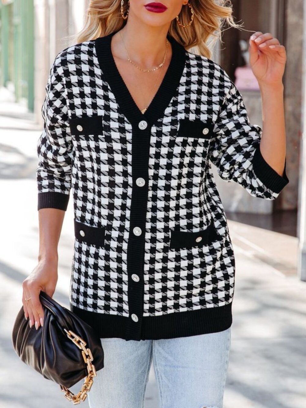 VICI Black White Houndstooth Jeweled Button Cardigan Large